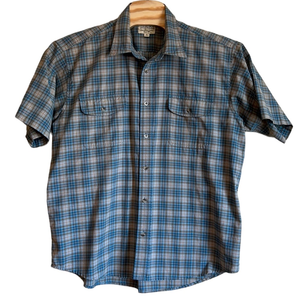 Cabela’s mens shirt plaid button front size XL short sleeve pockets blue tan